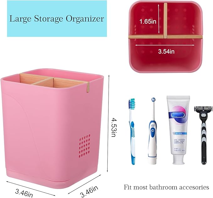 Electric Toothbrush Holder 3 Slots Tooth Brushing Holder with Bamboo Dividers for Bathrooms, Plastic Toothbrush and Toothpaste Organizer for Shower, Countertop, Vanity, Pink