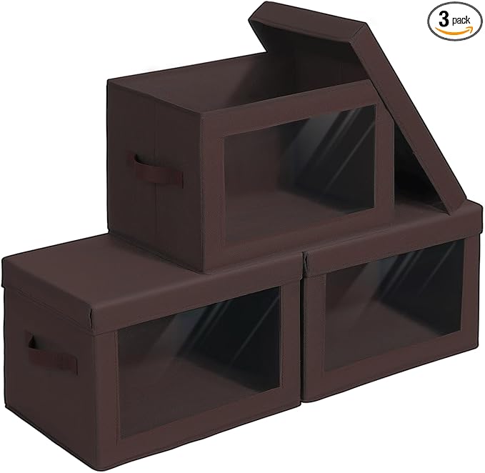 Foldable Storage Boxes with Clear Window - Clothes Organizers and Decorative Bins with Lid, Fabric Storage Cube, Baskets for Shelves, Yarn, Home, Brown, 3 Pack