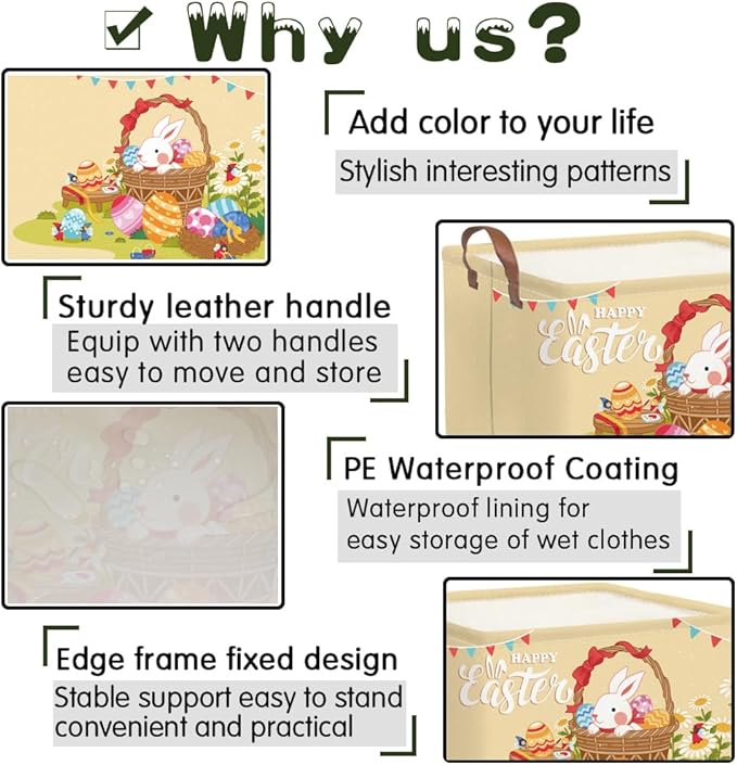 FXOLCSHE Rectangular Easter basket,Easter gift basket,Nursery Hamper,Collapsible waterproof baby toy storage box for Kids,Toy Organizer,Easter Home Decor,Gift Baskets(Flower basket Easter)