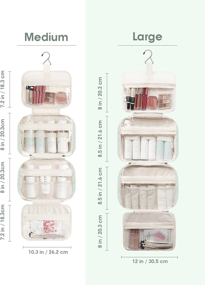 Narwey Striped Hanging Toiletry Bag for Women Travel Makeup Bag Organizer Toiletries Bag for Travel Size Essentials Accessories Cosmetics (Mint Green Stripe (Medium))