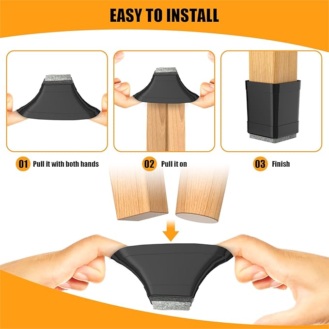 Square Chair Leg Protectors for Hardwood, 16Pcs Silicone Chair Legs Caps to Prevent Floor from Scratches and Reduce Noise, Easy to Move (1.25 Inch Black).