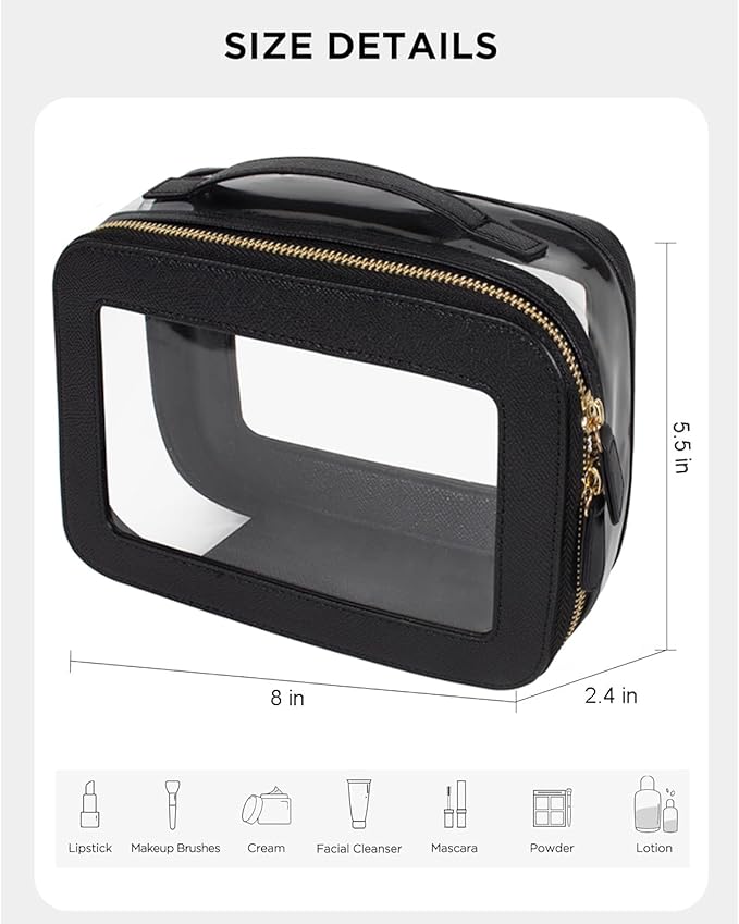 Clear Makeup Bag for Women, Small Portable Clear Makeup Bag Cute Waterproof Travel Cosmetic Case Makeup Pouch TSA Approved Toiletry Bag Women Traveling Car Organizer Car Essentials (Black, Standard)