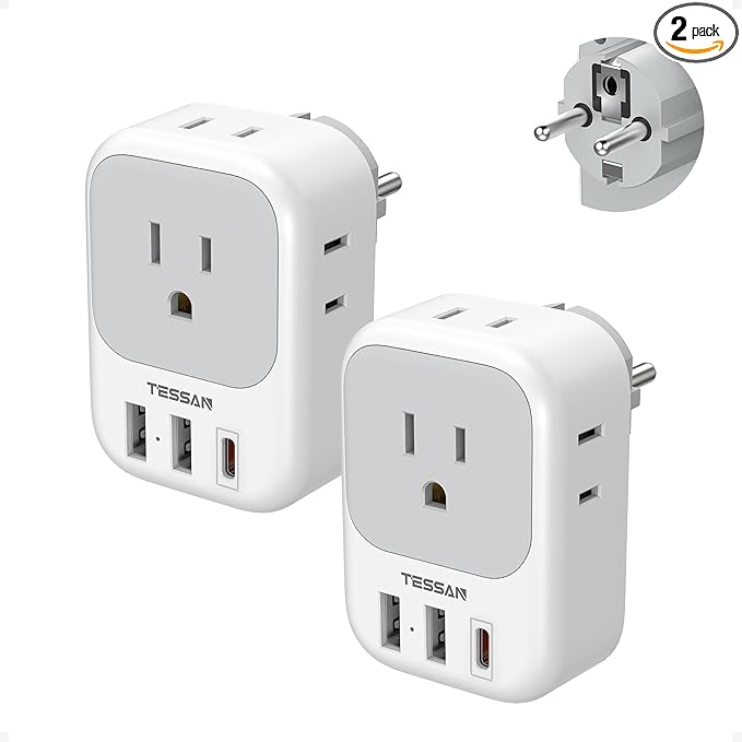 TESSAN 2 Pack Type E F Plug Adapter, Germany France Power Travel Adaptor with 3 USB Charger(1 USB C PD 20W), 4 Outlets Schuko Plug for US to Europe Spain Iceland Korea Greece Russia German French