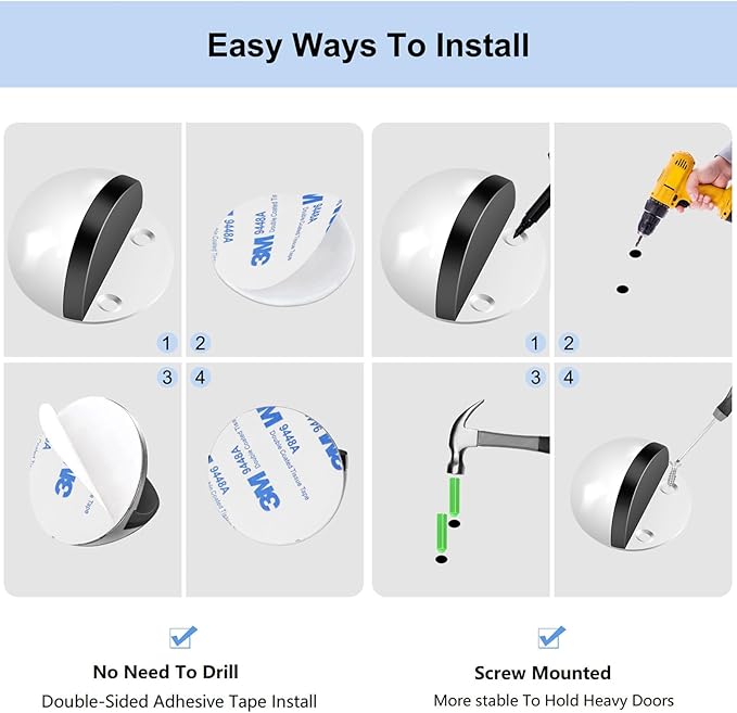 10 Pack Door Stoppers Adhesive Floor Mounted Door Stop No Drill with Rubber Door Bumper, Stainless Steel Door Stop for Floor, White
