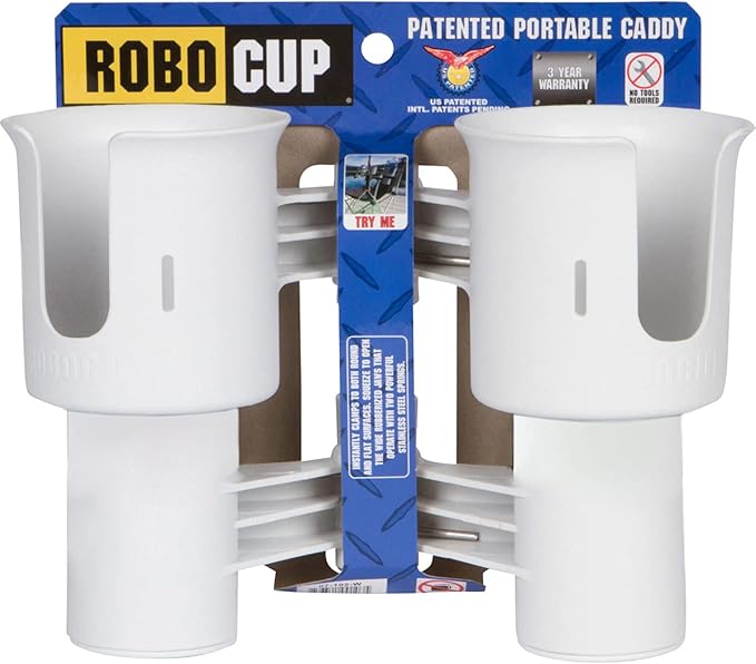 ROBOCUP, (White), Patented Clamp On Boat Cup Holder |Multifunction Dual Drink Caddy for Fishing Poles, Tools, Net, Gaff |Portable Storage for Boating, Beach, Umbrellas, Golf Carts, Strollers