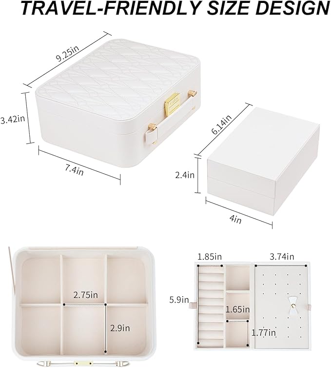 White Jewelry Box - Large Travel Jewelry Case Organizer, 2-Layer Holder, Women's Watch Case