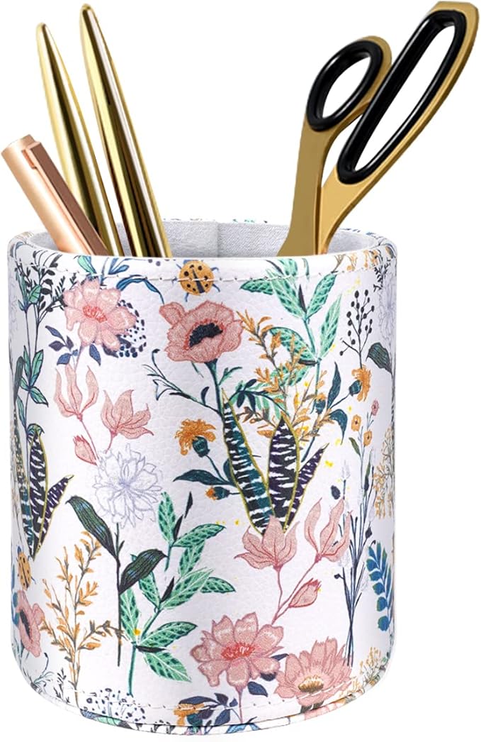 WAVEYU Pen Holder for Women Girls, Aesthetic Desk Office Accessories, Cute Floral Makeup Brush Holder, Leather Multi-Functional Organizer for Office, Home, Classroom, White Flower