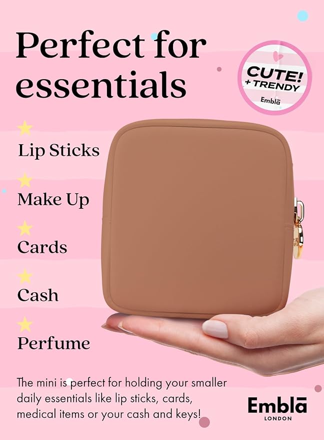 Embla Makeup Bag Travel Cosmetics Pouch and Toiletry Bag, Nylon Zipper Pouch Purse, Cute Make Up Organizer Storage Tote for Women Girls, Travel Skincare Case, Small Makeup Bags, Mocha Mousse