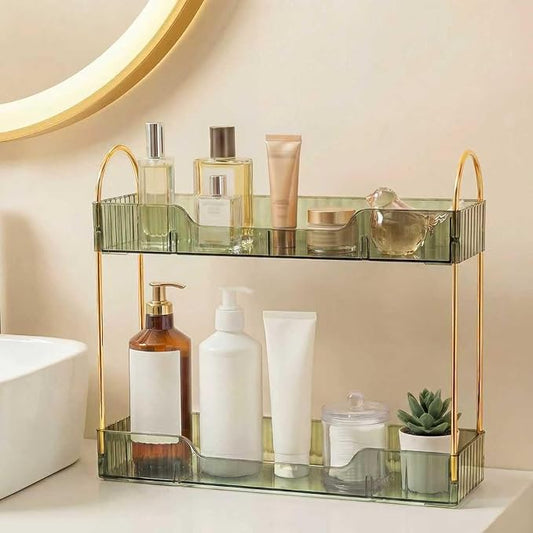 Bathroom Countertop Organizer, 2-Tier Slim Vanity Storage Rack for Bathroom Sink, Narrow Counter Organizer for Toiletries Skincare Perfume with Green Plastic Trays