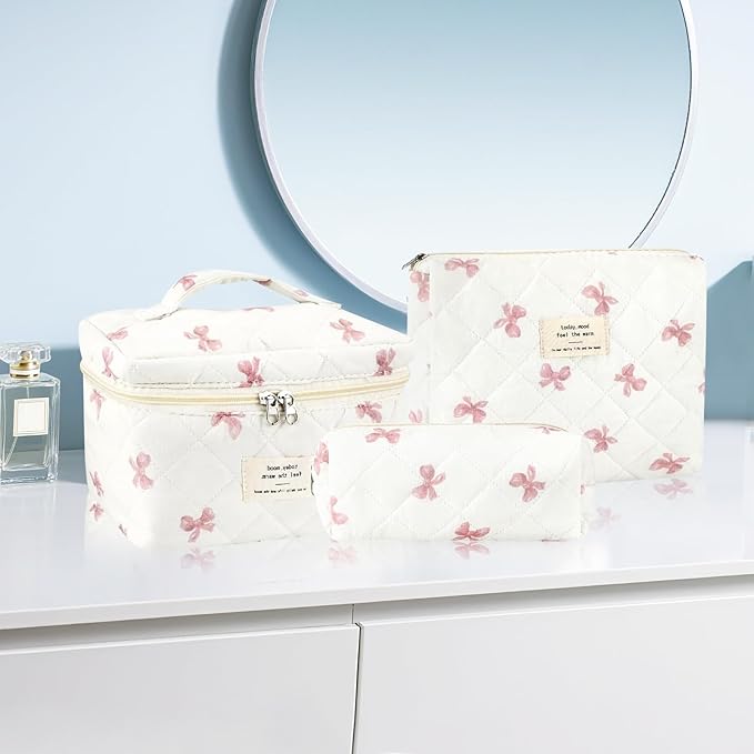 3Pcs Cotton Quilted Makeup Bag for Women Extra Large Coquette Small Floral Travel Cosmetic Bag Set Aesthetic Cute Bow Makeup Pouch Portable Toiletry Bag Puffy Essential Storage Organizer