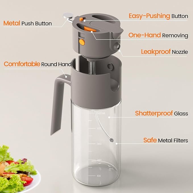 2 in 1 500ml/17oz Oil Sprayer for Cooking, 2026 Large Advanced Glass Olive Oil Dispenser Bottle w/stickers, Even Spray with Portion Control for Kitchen, Air Fryer, Salad, BBQ - Grey
