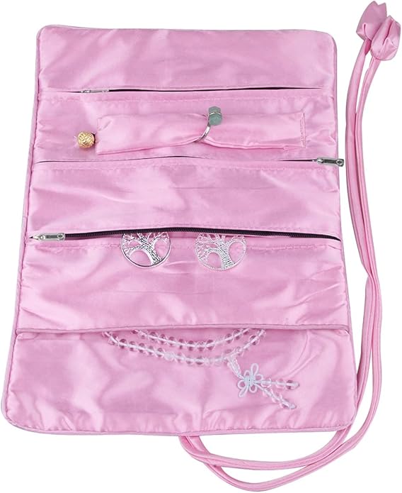 TUMBEELLUWA Embroidery Travel Jewelry Bag Roll Embroidered Flower and Bird Brocade Organizer with Tie Close