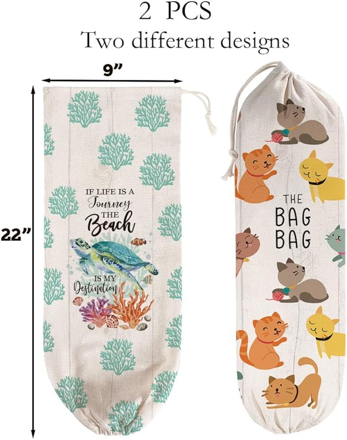 2Pcs Cat Plastic Bag Holder for Kitchen Essentials, Reusable Hanging Grocery Bag Organizer, Washable Large Grocery Trash Bags Storage Dispenser