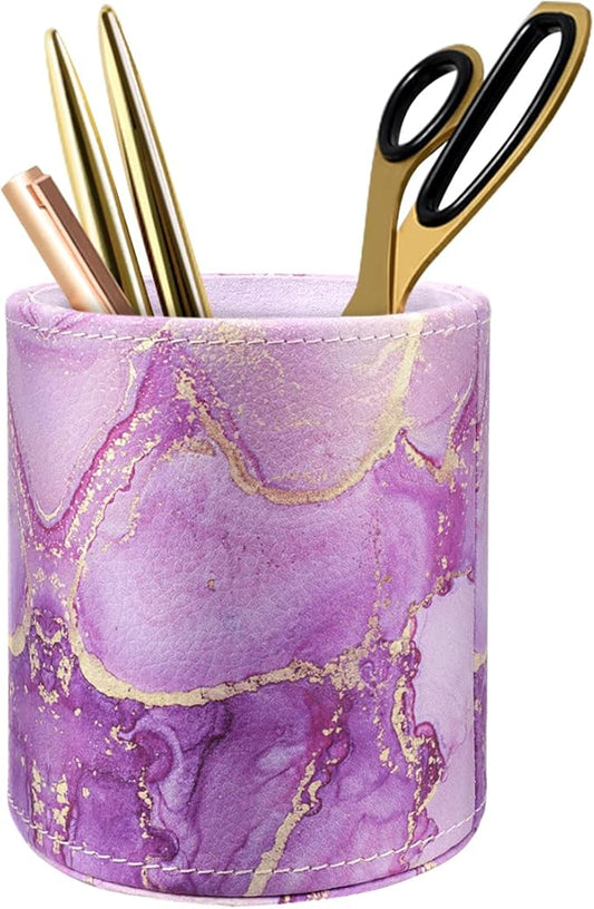 WAVEYU Pen Holder, Pencil Cup Desk Decor, Decorative Pencil Organizer, Makeup Brush Holder, Leather Multi-Functional Organizer for Office, Home, Classroom, Purple Marble