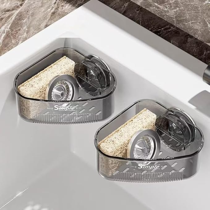 2PCS Sink Organizer and Caddy, Corner Sink Rack with Suction Cup Mount, Drain Box Holder for Kitchen Sponge, Scrubber, Soap Dispenser Storage, Black Adhesive Corner Organizer