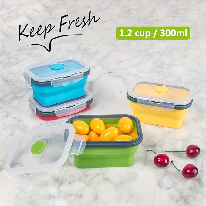 Collapsible Food Storage Containers with Airtight Lids, 11.8 oz, Small Kitchen Stacking Silicone Collapsible Meal Prep Container Set for Leftovers, Microwave Freezer Dishwasher Safe, 4 Colors, Set of 4