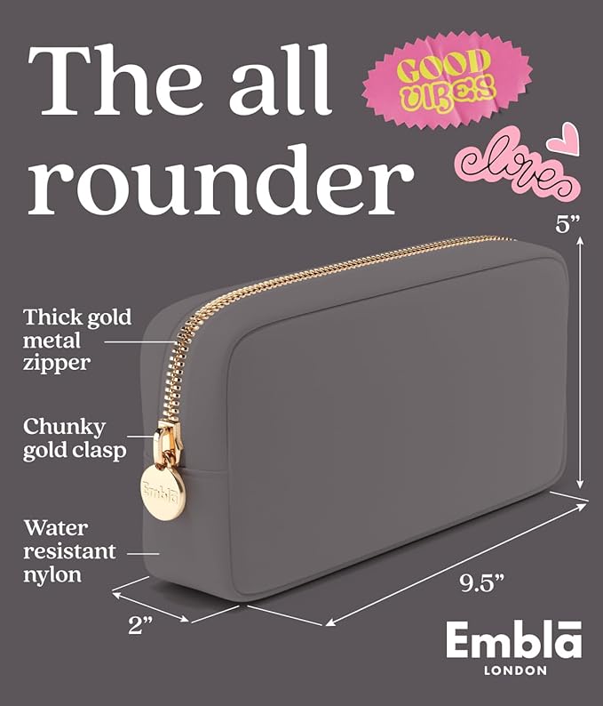 Embla Makeup Bag Travel Cosmetics Pouch and Toiletry Bag, Nylon Zipper Pouch Purse, Cute Make Up Organizer Storage Tote for Women Girls, Waterproof Travel Skincare Case, Small Makeup Bags, Grey