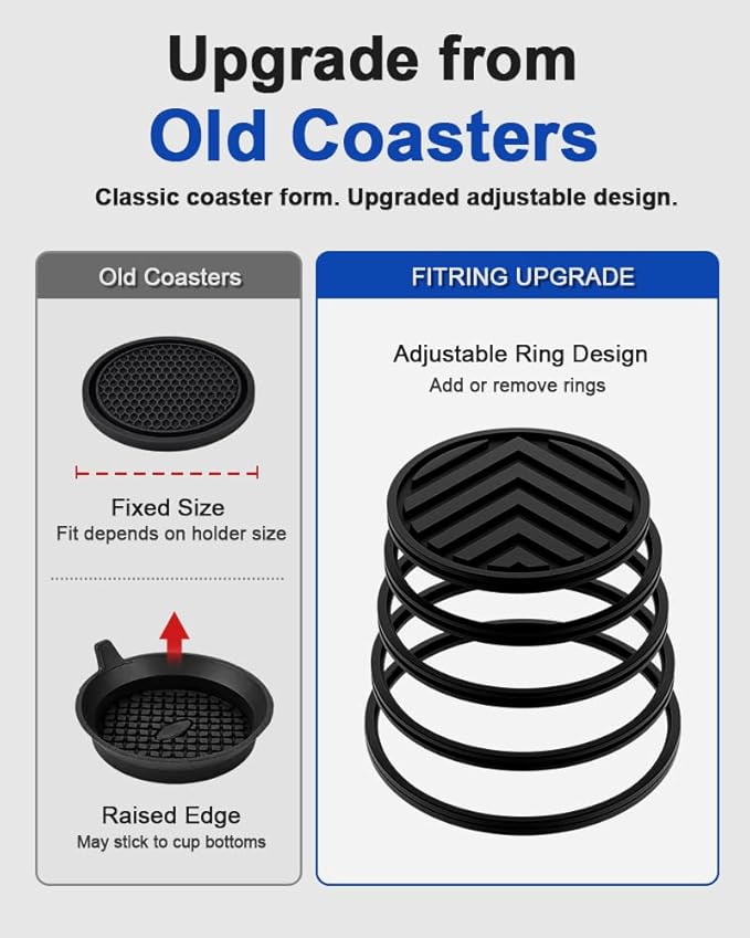 FitRing Adjustable Car Cup Holder Coasters, 2.75"–3.54" Adjustable Diameter, Silicone Coaster Upgrade Helps Reduce Side Gaps and Stay Put, 2-Pack