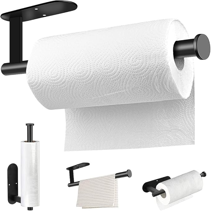 MGahyi Paper Towel Holder Wall Mount, Self Adhesive Or Drilling Under Cabinet Kitchen, 13.2 inch Stainless Steel Paper Towel Roll Rack, Towel Roll Hanger for Bathroom(Rectangle-Black)
