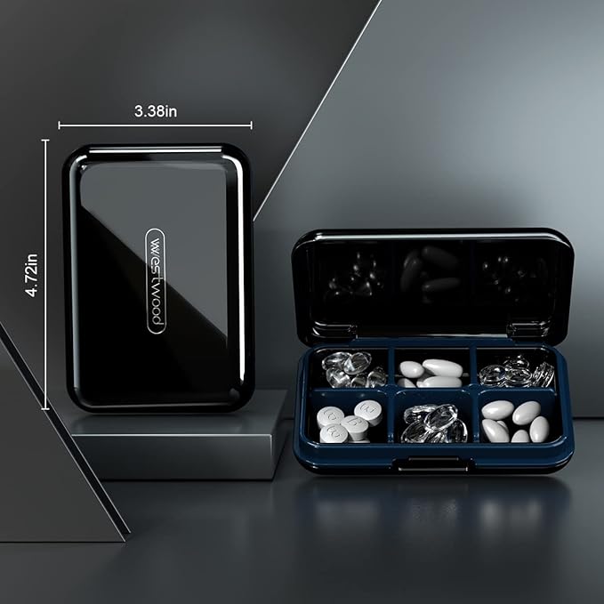 Daily Pill Organizer, Pill Box for Purse - Dtouayz Travel Pill Case, Vitamin Supplement and Medication Dispenser Waterproof 6 Compartment Medicine Holder, Weekly (Six days) Large Pill Container, Black