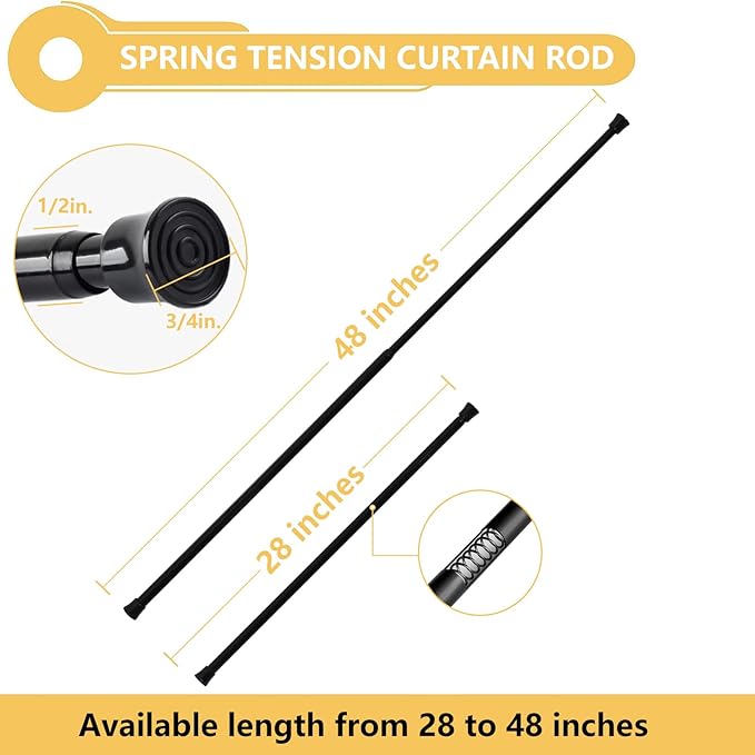 KXLife Small Spring Tension Curtain Rod, Adjustable Spring Tension Rod 28 to 48 inches, Expandable Spring Loaded Tension Rods for Window (Black-2 Pack)