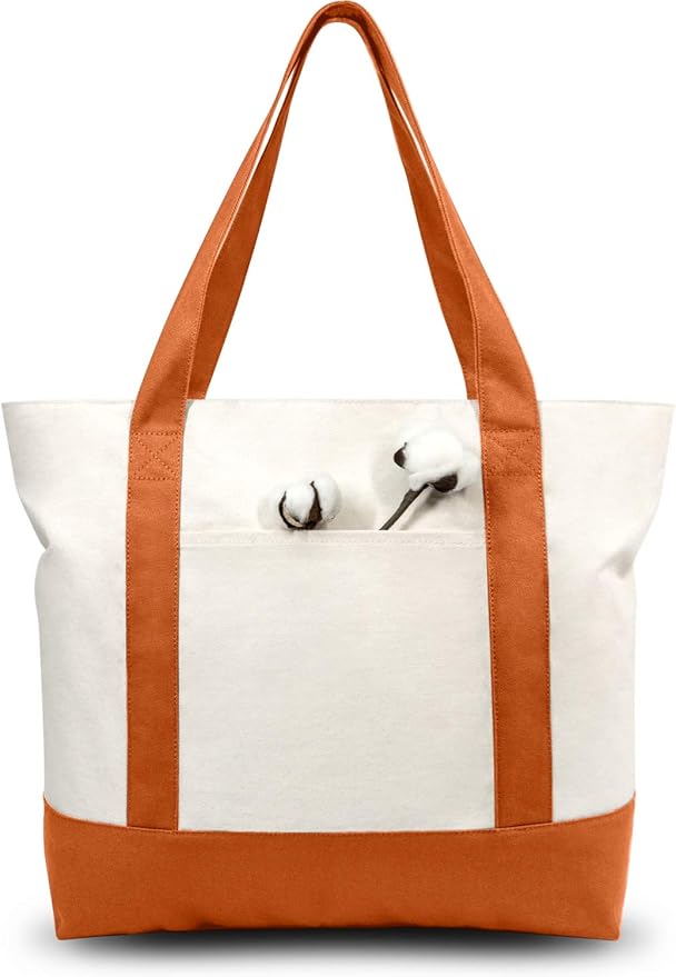 TOPDesign 3-Pack Canvas Tote Bags with an External Pocket, Reusable Grocery Shopping Bags, Top Zipper Closure, Daily Essentials (Orange/Natural)