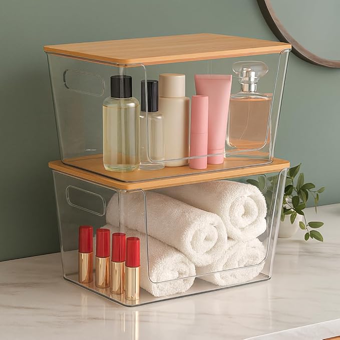 2 Pack Trash Bag Holder with Bamboo Lid - Stackable Under Sink Organizer & Garbage Bag Dispenser for Kitchen Organization - Large Plastic Holder for Laundry Room, Pantry, Bathroom, Cabinets