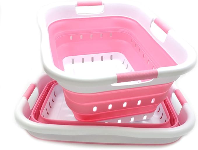 SAMMART 41L (10.8 gallon) Set of 2 Collapsible 3 Handled Plastic Laundry Basket -Foldable Pop Up Storage Container/Organizer-Space Saving Hamper/Basket (2, White/Pink)