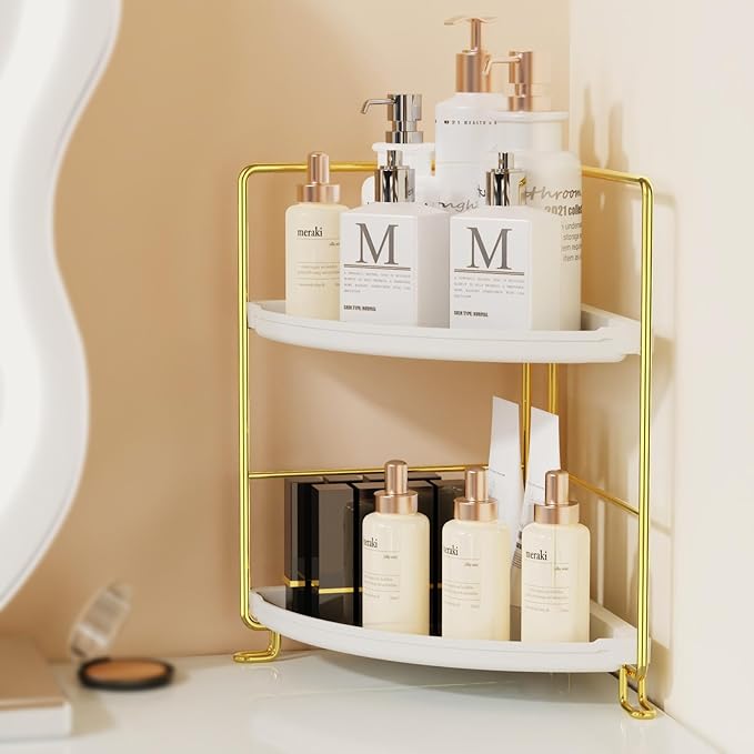 2-Tier Corner Bathroom Countertop Organizer, Tiny Counter Corner Shelf Skincare Makeup Perfume Organizer and Organization for Kitchen (Luxury Gold)