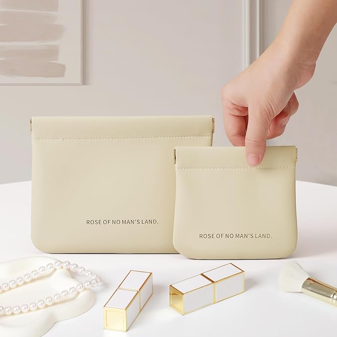 2pcs Small Pouches for Purse, Self-closing Mini Makeup Bag, Organosilicon Super Fiber Leather Coin Purse for Women Travel Pouch Small Cosmetic Bag| Lipstick, Jewelry, Change, Card (Beige)