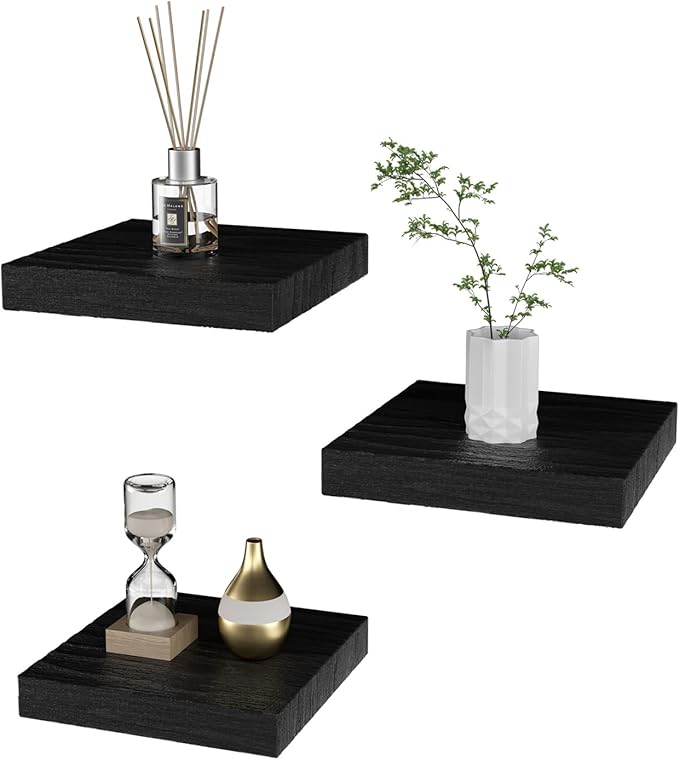 Small Floating Shelves for Wall - 6 Inch Mini Square Black Shelves for Bedroom, Living Room, Bathroom, Kitchen, Office Decor Set of 3