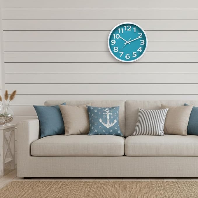 10 Inch Silent Wall Clock with Big Numbers – Aqua Coastal Decor for Kitchen, Bathroom, Bedroom – Easy-to-Read Non-Ticking Modern Analog Clock