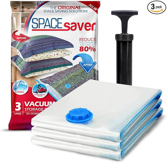 3 Pack Large Vacuum Storage Bags for Comforters, Blankets & Clothes – Vacuum Sealed Compression Bags with Hand Pump – Space Saver Storage Bags for Bedding, Moving, Travel & Organization