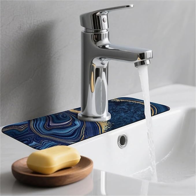 Kitchen Sink Splash Guard, Dark blue gold marble Faucet Mat Sink Gadgets - Super Absorbent Fast Drying Mat Drip Catcher for Kitchen, Bathroom, Sink Mat, Dish Drying Mat, Bathroom (15" X 5.5")