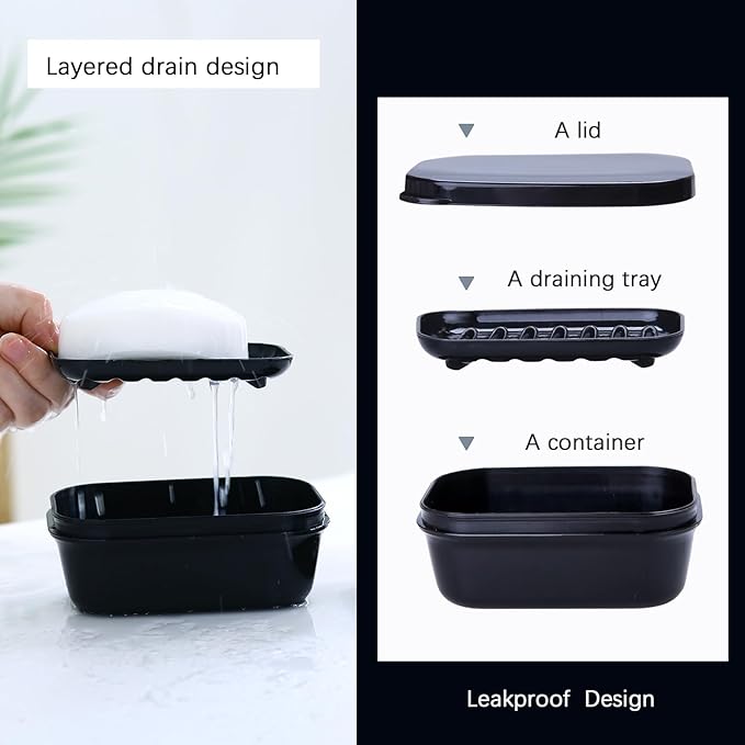 1 Pack Soap Travel Container Portable Soap Case Leakproof Soap Box Soap Saver Dish with Cover Plastic Soap Bar Holder for Camping Outdoor Bathroom Shower Gym Hiking Traveling（Black）