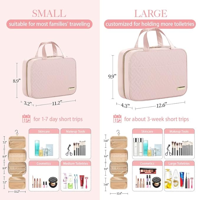 HOTOR Travel Toiletry Bag - Hanging Toiletry Bag for Women & Men, Makeup Bag/Big Compartment, Waterproof for Travel Accessories, Travel Essentials, Large, Pale Pink