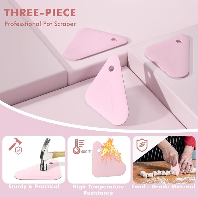 Food Scraper, 2-in-1 Pot and Pan Dish Scraper, Nylon and Silicone, Kitchen Scraper Tools for Cast Iron Skillets, Cookware, Dishes, Pans and Pots, Heat Resistant, Set of 3 - Pink