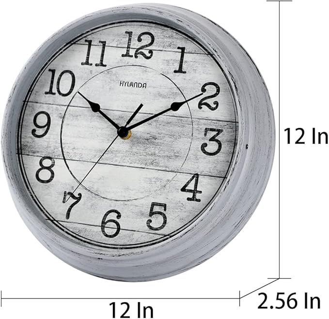 HYLANDA Retro/Vintage 12-Inch Kitchen Decorative Wall Clock, Silent Wall Clock Battery Operated Non Ticking with Large Numbers Easy to Read for Home Bathroom Office (Grey)