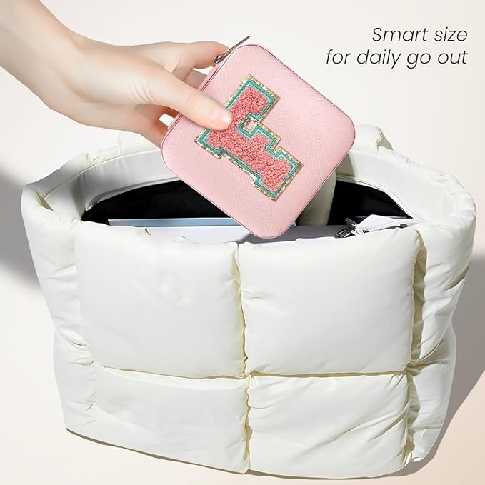 SANDJEST Personalized Jewelry Box, Pink Travel Jewelry Box with Initial F, Small Monogrammed Jewelry Case Organizer for Girls Women Teen Kids, Mini Travel Essentials Gifts for Birthday Christmas