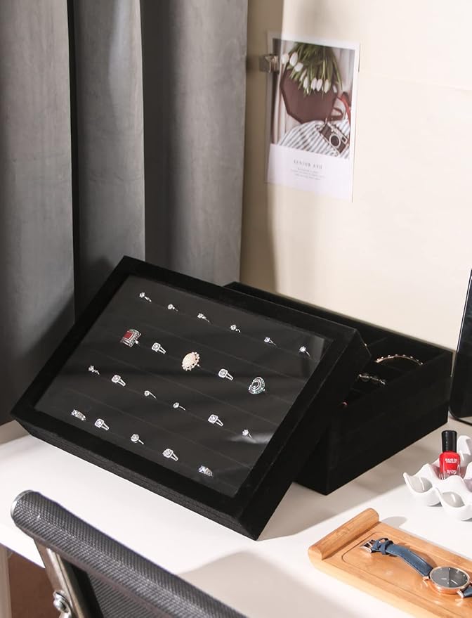 Coward Set of 5 Stackable Jewelry Organizer Tray Necklace Earring Box Storage Ring Bracelet Display Holder (Black (ring+necklace+earring+12-grid))