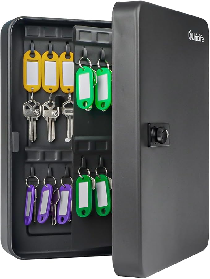 Uniclife 60 Position Key Cabinet with Combination Lock Resettable Black Digital Security Storage Box Steel Key Organizer with Colorful Key Tag Labels Stickers and Hooks