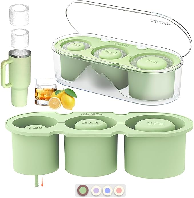 Ice Mold for Stanley Cup 30/40 Oz - Easy Fill and Release Without Touching Ice, Silicone Ice Cube Tray with Clear Lid and Bin for Freezer, Whiskey, Cocktail (Green)