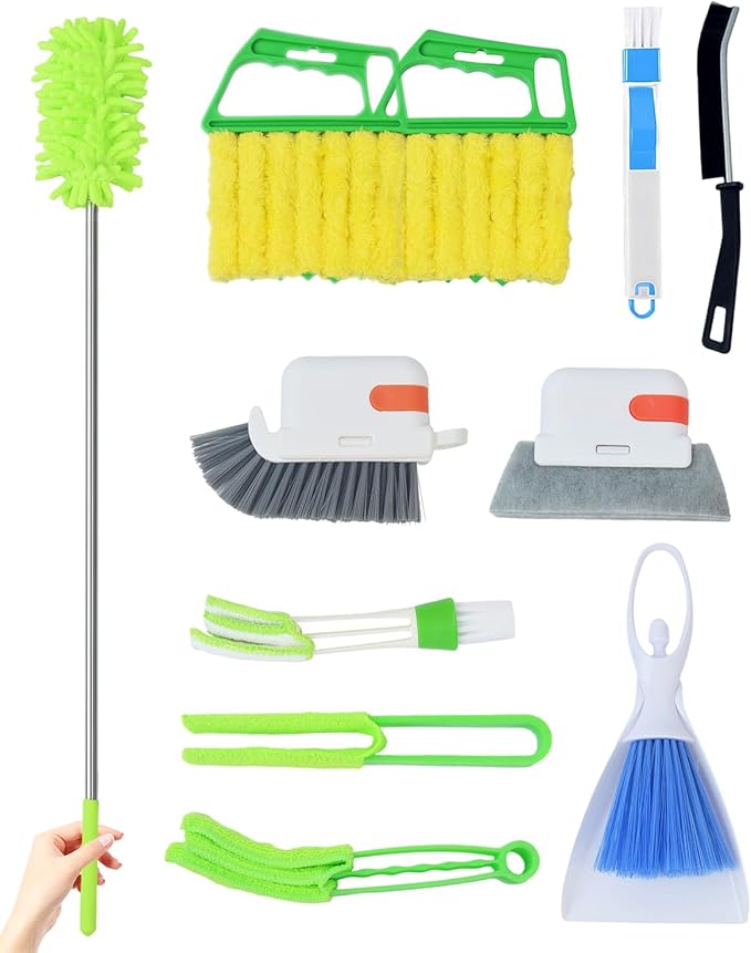 11 Pcs Blind Cleaner Duster Tool Kit – Mini & Window Blinds Cleaner Brush Set, Air Vent & Track Cleaning Tools, Window Groove & Sill Scrubber for Home, Car, AC, Sliding Doors - Green