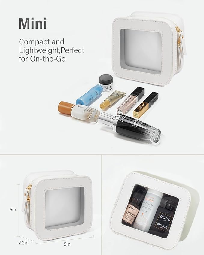 Small Clear Makeup Bag Travel Cosmetic Case Transparent Toiletry Bag with Zipper, Portable Make Up Bag Organizer Traveling Car Accessories for Women(White, Mini)
