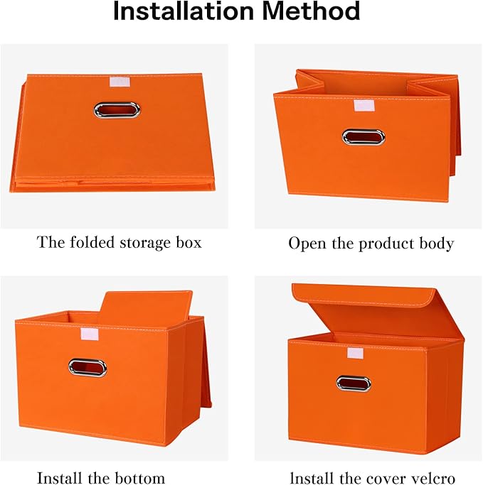 Linen Fabric Foldable Collapsible Storage Cube Bin Organizer Basket Fabric Storage Bins with Lid, Leather Handles, Removable Divider for Home, Closet, Orange