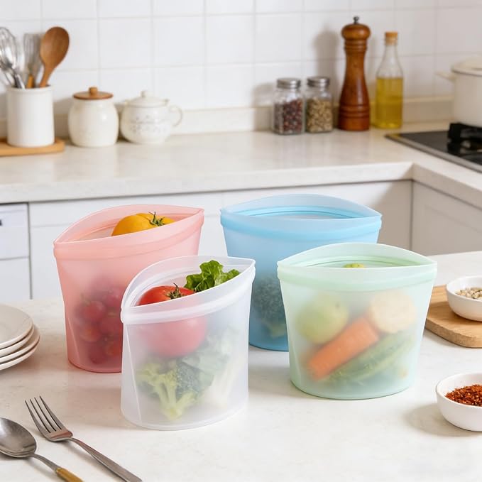 4-Pack Reusable Silicone Food Storage Bags, Stand-Up Pinch-Seal Design, BPA-Free, Microwave & Dishwasher Safe, Mixed Colors (17 oz)