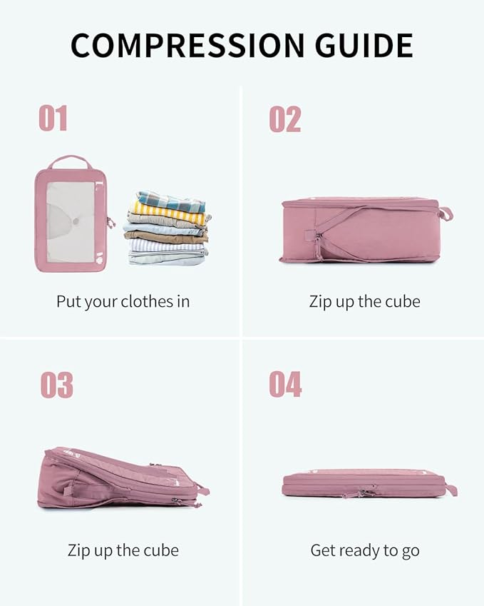 ECOHUB 5 Set Compression Packing Cubes for Suitcases Organizer Bags Set Travel Essentials with Shoe Bag for Traveling Tear-resistant Travel Accessories with ID Tag Expandable Packing Bags(Pink)