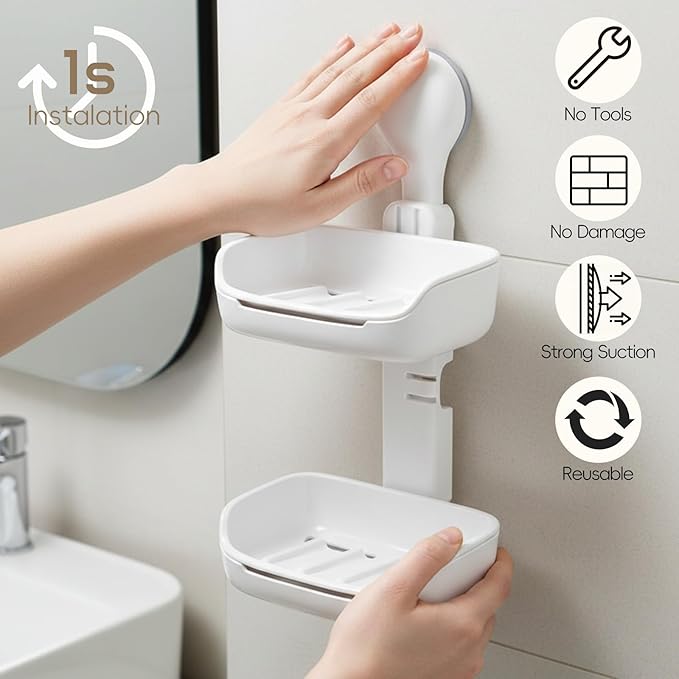 Double Soap Holder, Strong Hold Suction Cup Soap Dish, No Drill Double Layer Tray for Sponge and Bath Essentials, Wall Mount Organizer for Bathroom & Kitchen Sink, White