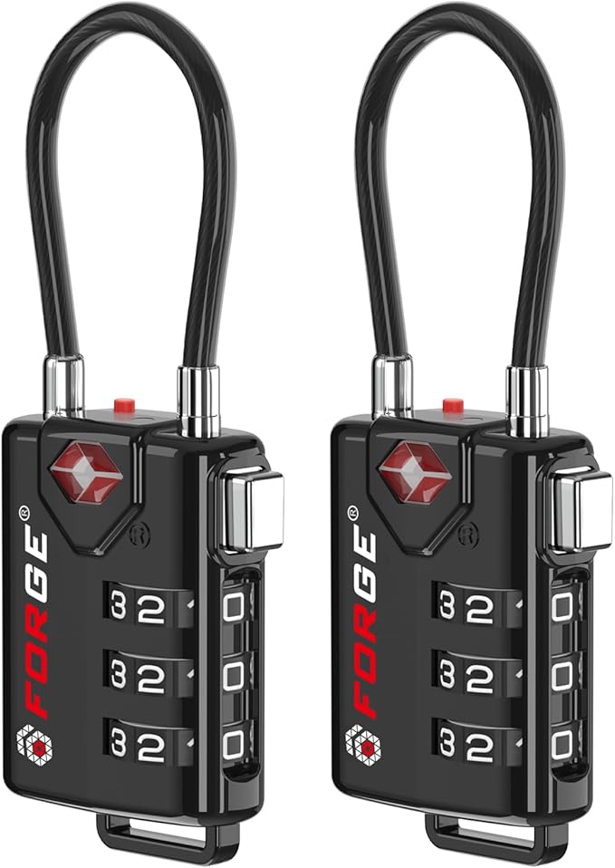 TSA Approved Cable Luggage Locks, Resettable Combination with Alloy Body, Black, 2 Locks.
