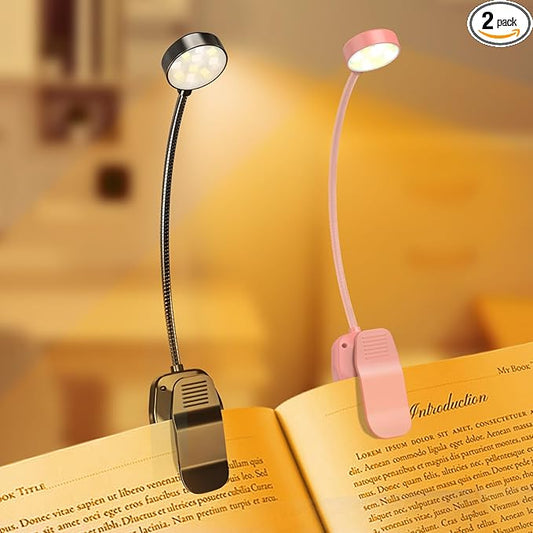 2 Packs Rechargeable Book Reading Light - Adjustable Brightness, 3 Color Temperatures, 30+ Hours Runtime - Eye Care 10 LED Lamp for Reading for Bed,Back to School Gift for Students,Pink & Black